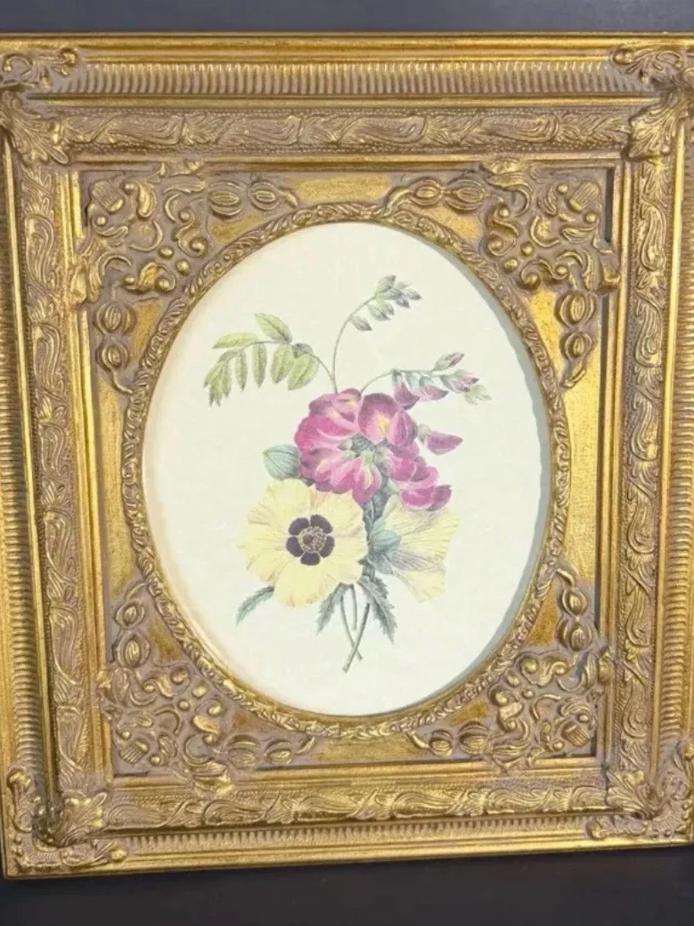 Ornate Gold Framed Floral Print - Pink & Yellow Bouquet